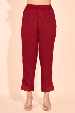 Solid Straight Pant With Floral Lace Hem - Red