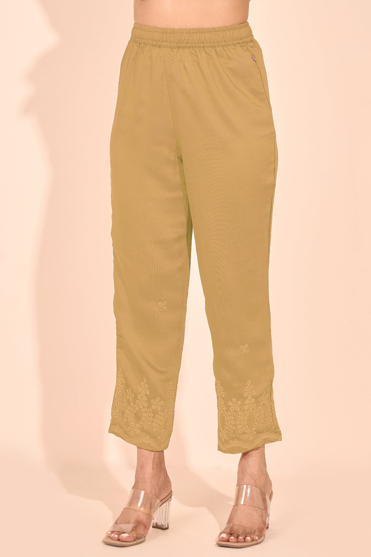 Solid Straight Pant with Floral Embroidered Hem - Beige