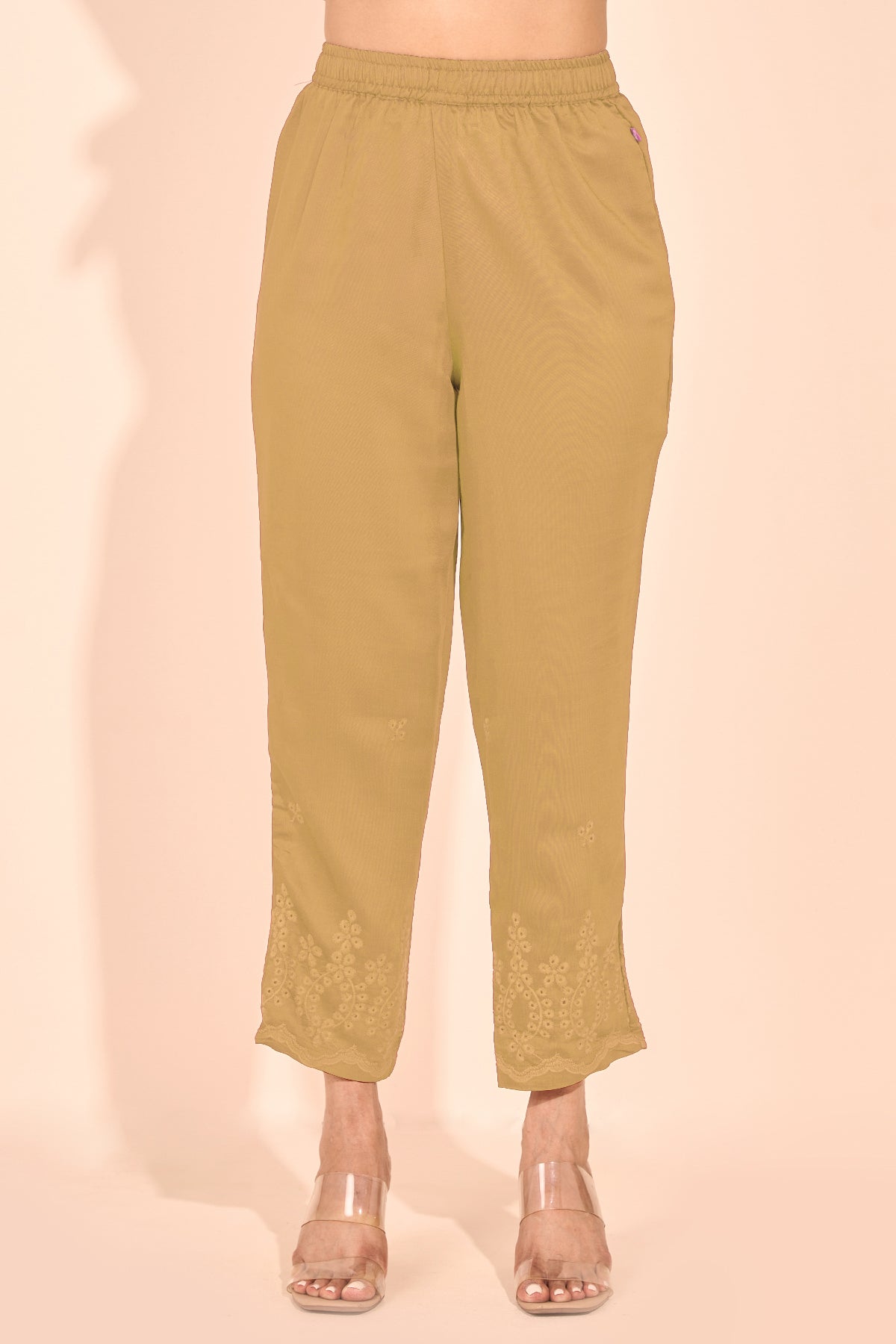 Solid Straight Pant with Floral Embroidered Hem - Beige