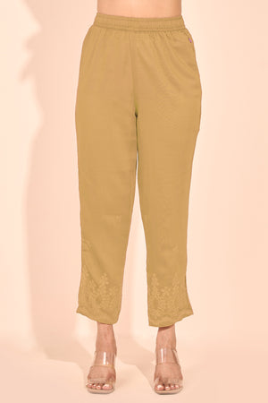 Solid Straight Pant with Floral Embroidered Hem - Beige