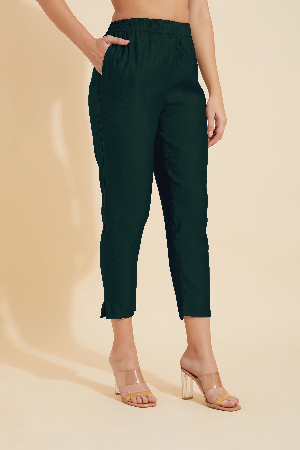 Emerald Green Solid Straight Fit Bottomwear