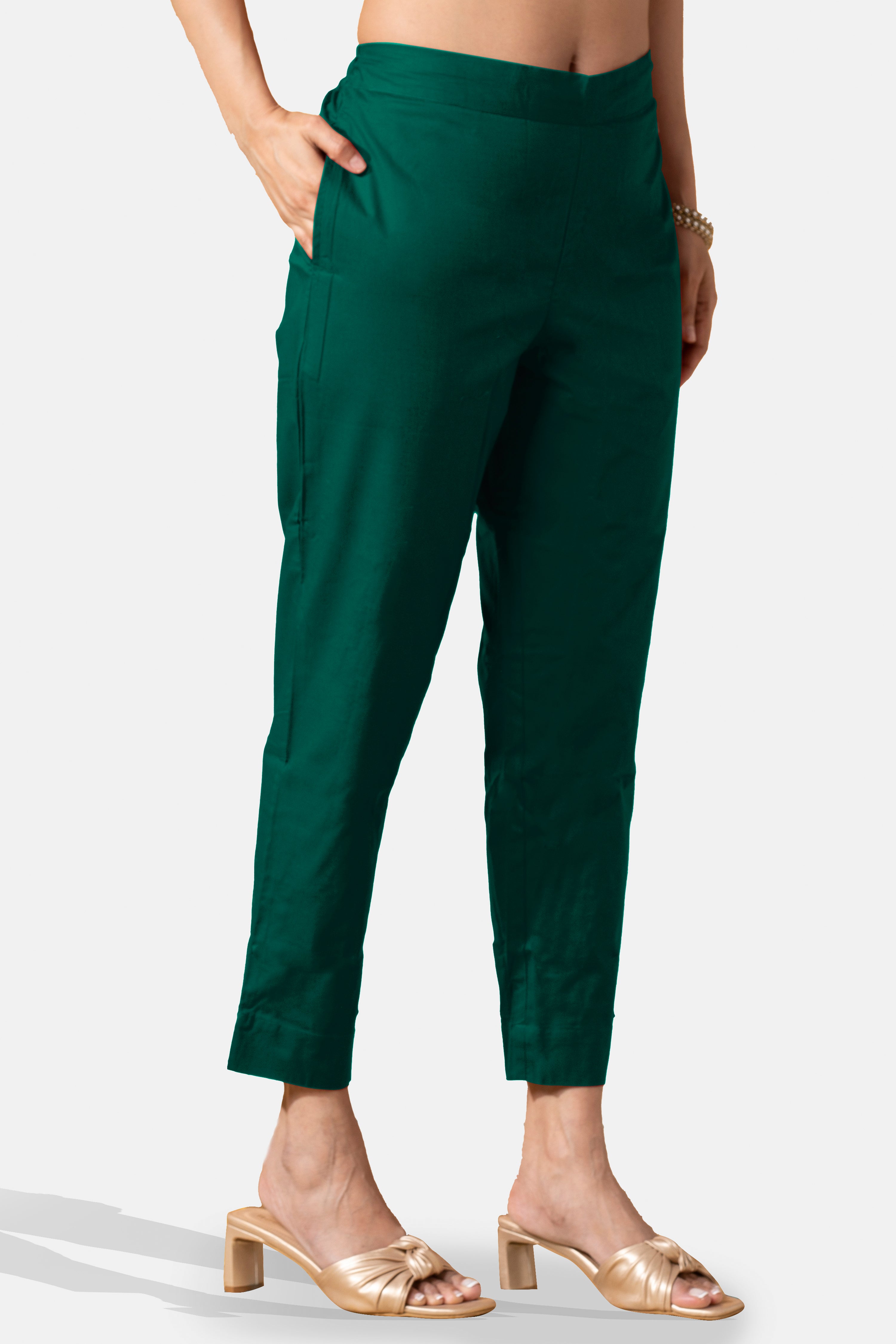 Dark Green Solid Cotton Straight Pant