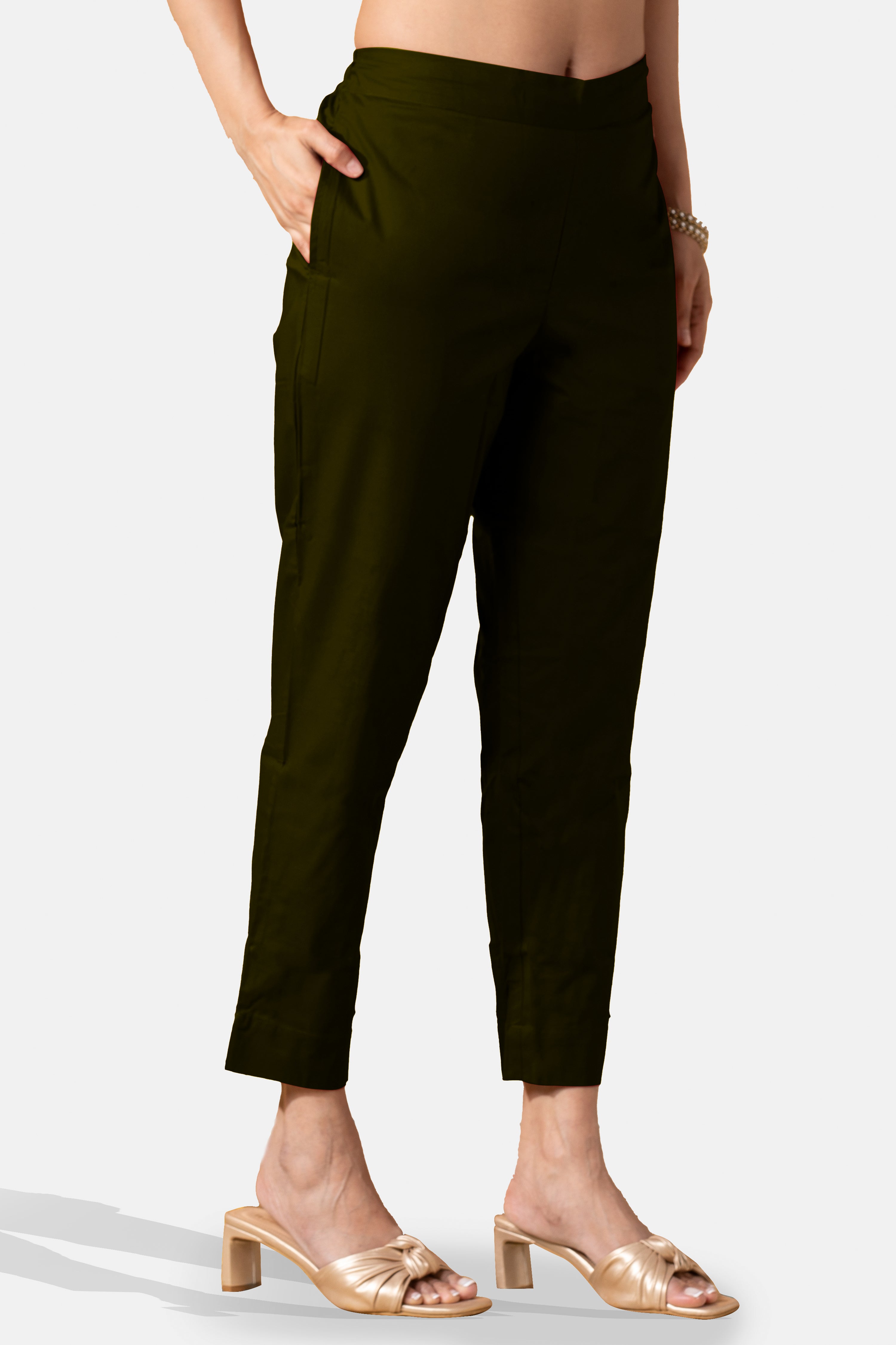 Olive Green Cotton Straight Solid Pant