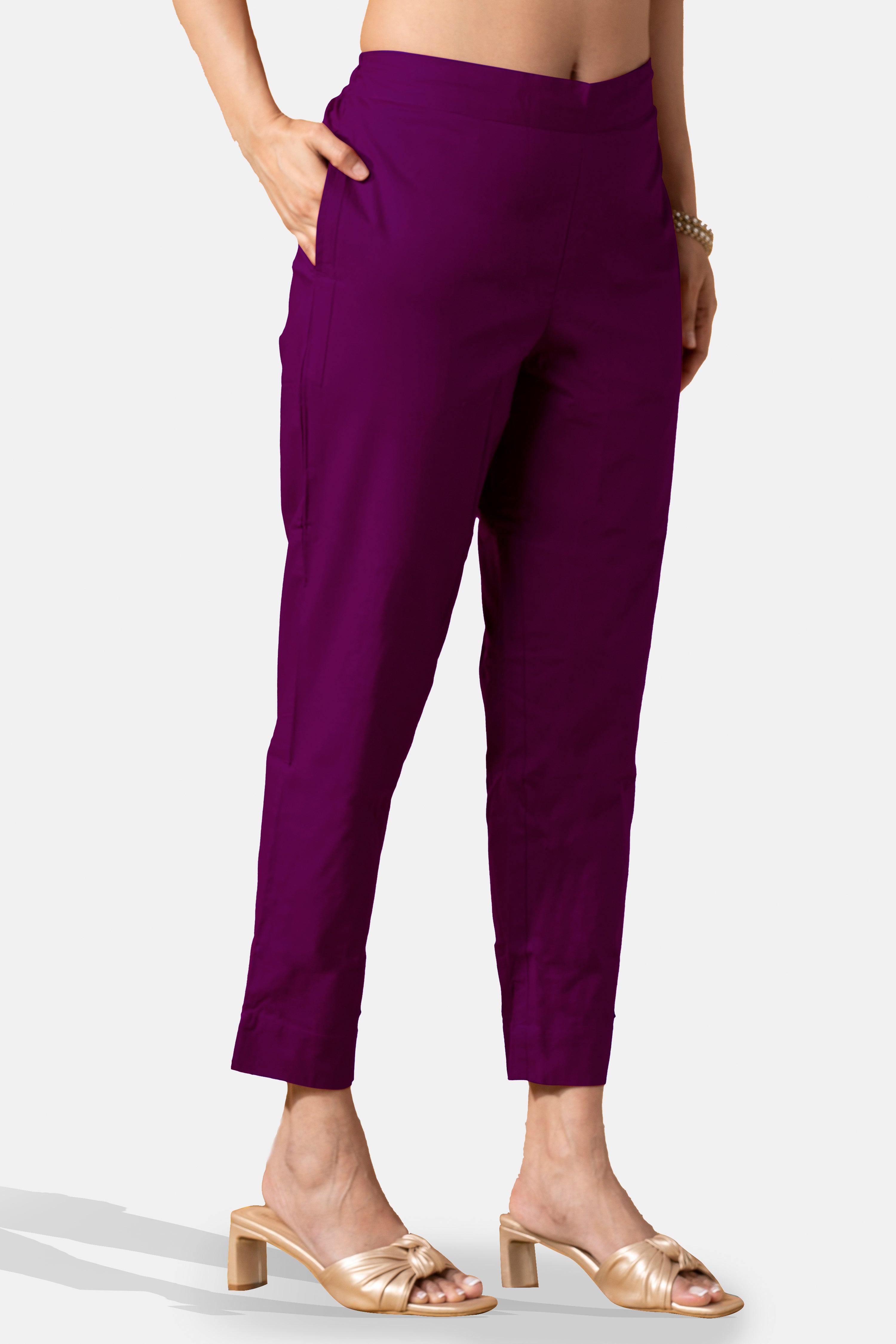 Purple Cotton Straight Solid Pant for Women