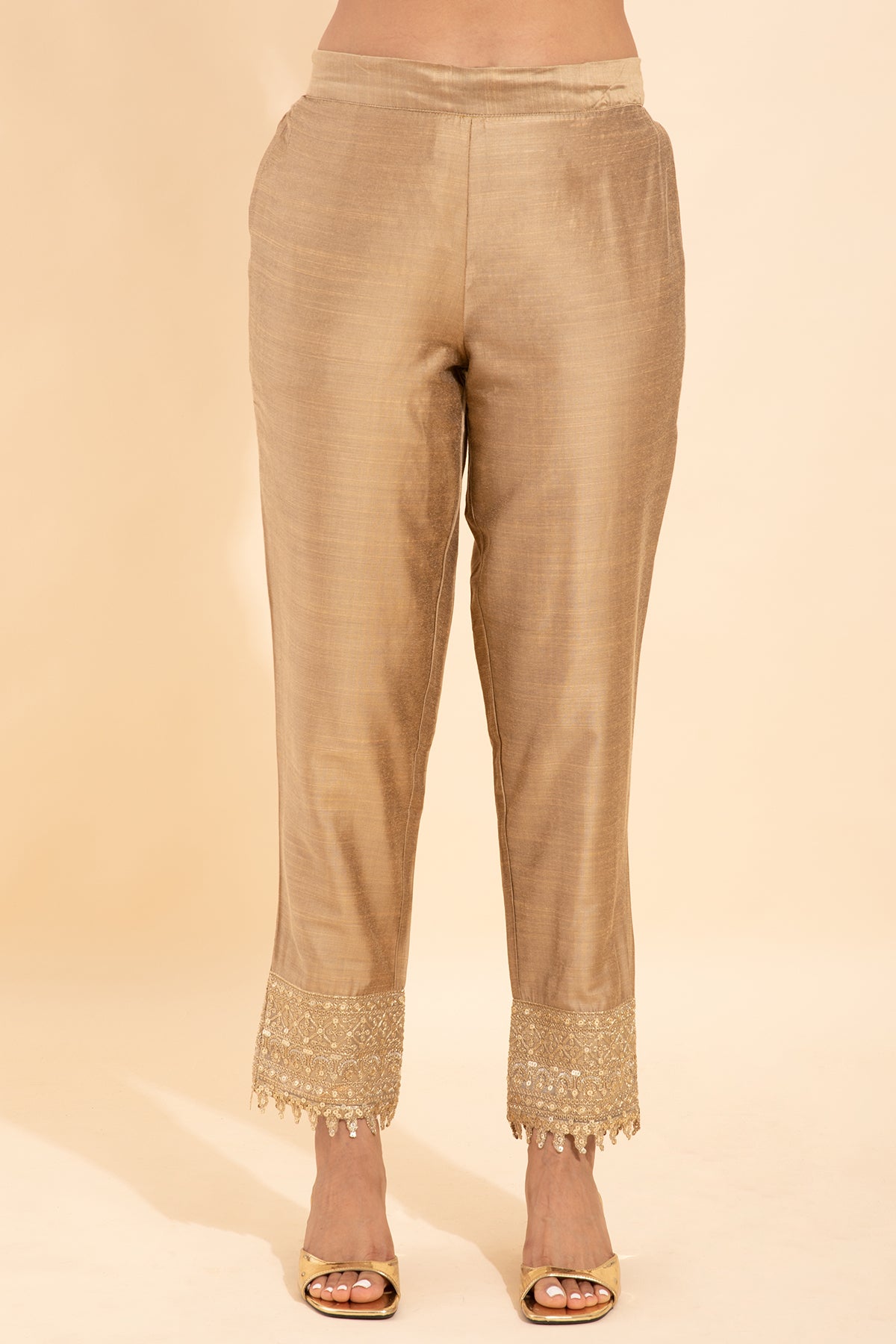 Solid Straight Pant With Sequin Embellished Border Gold