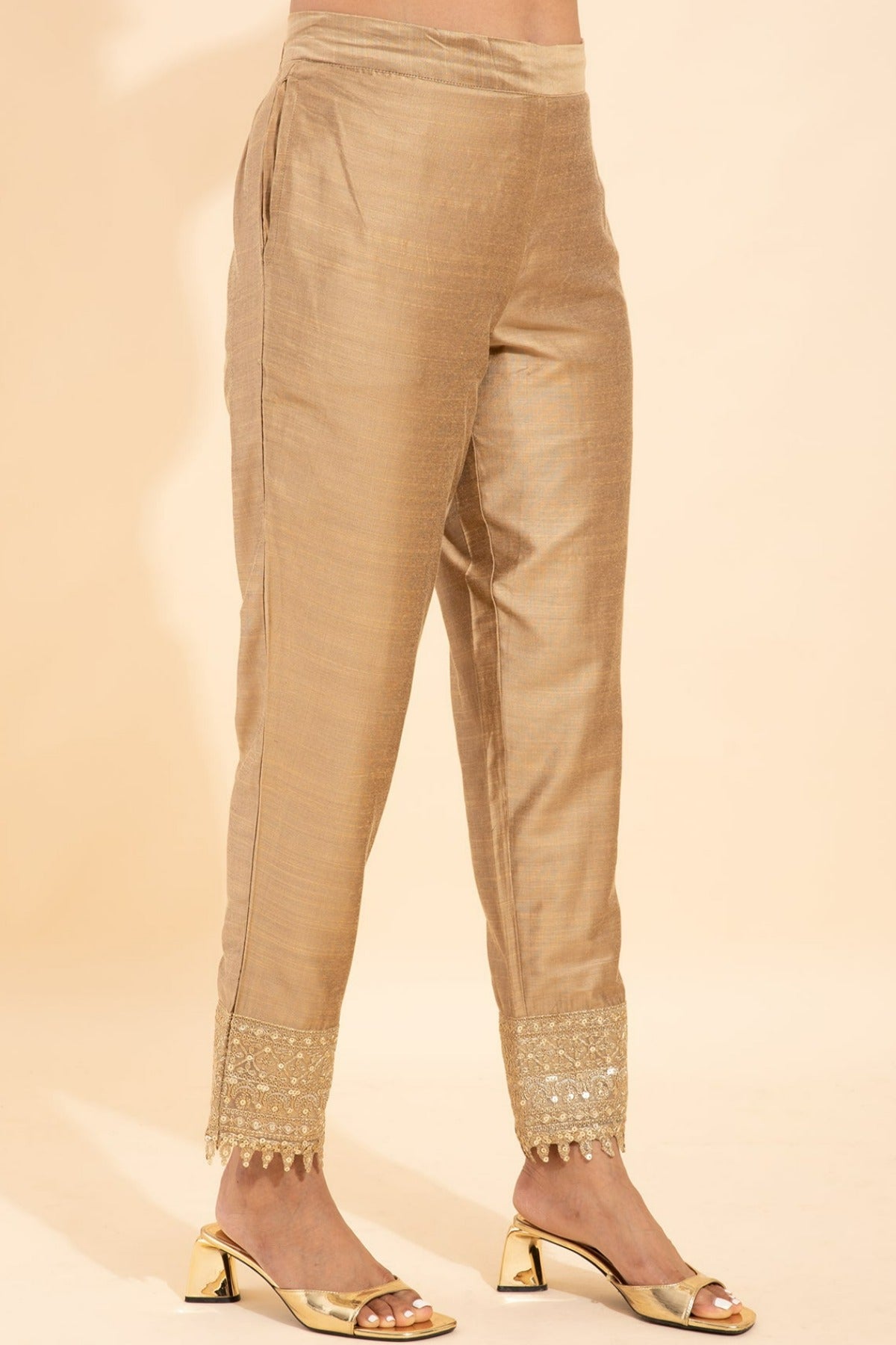 Solid Straight Pant With Sequin Embellished Border Gold