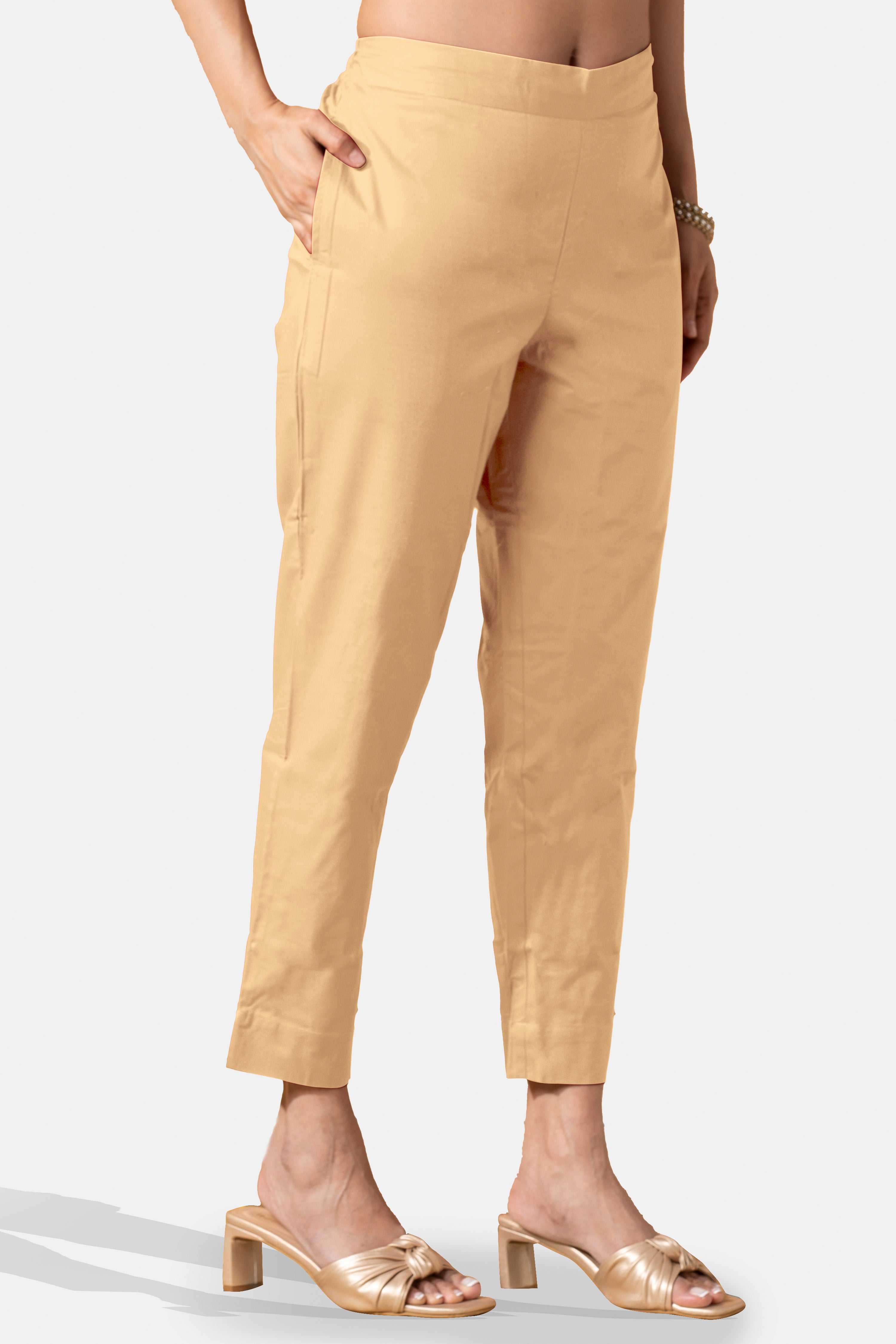 Khaki Solid Pure Cotton Straight Pant with Pockets