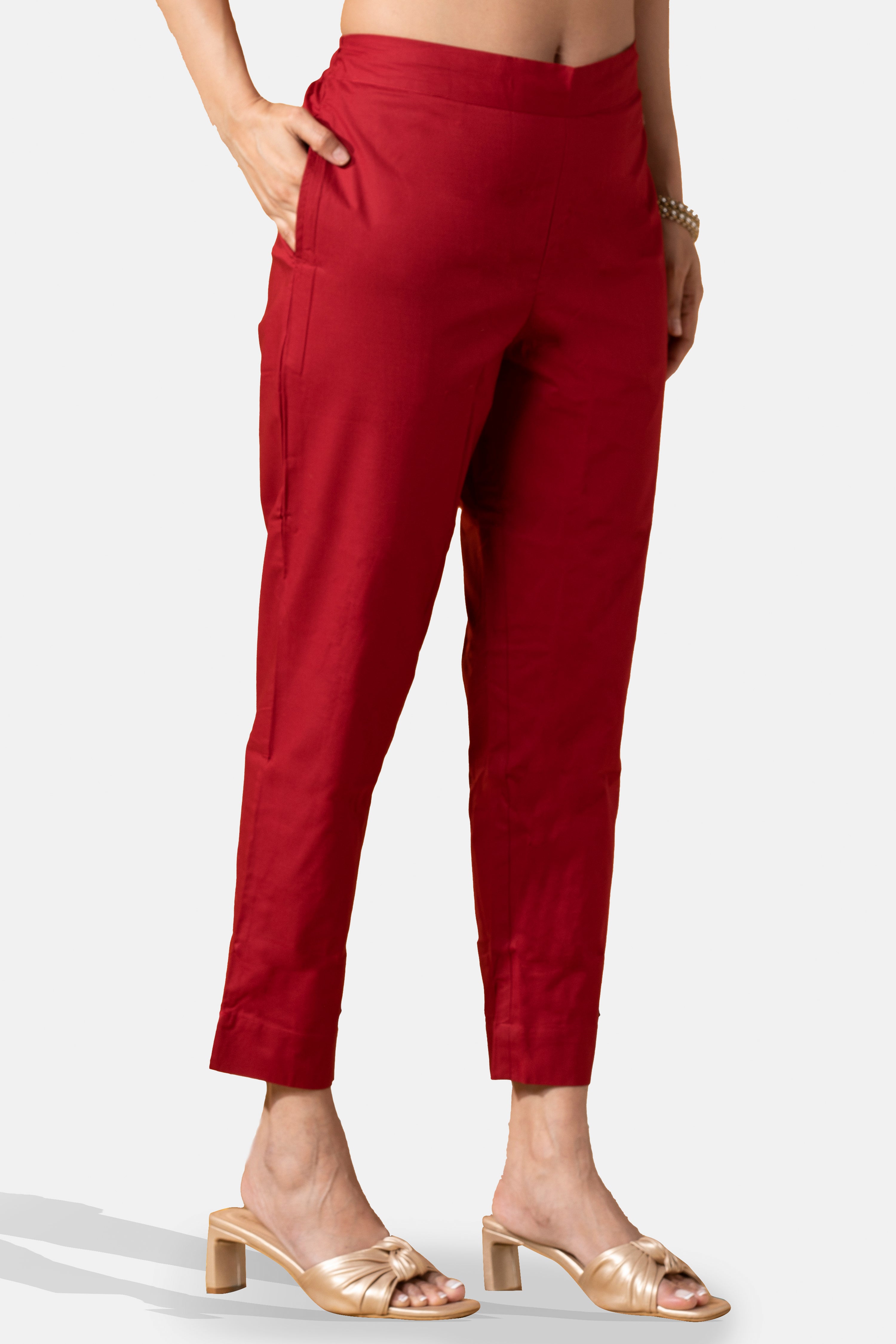 Maroon Solid Pure Cotton Straight Pant with Pockets