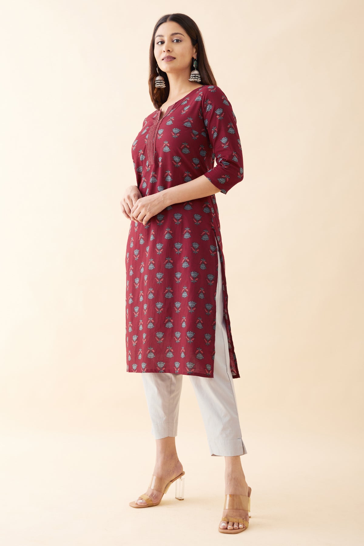 Gardenia Floral Printed Kurta - Maroon