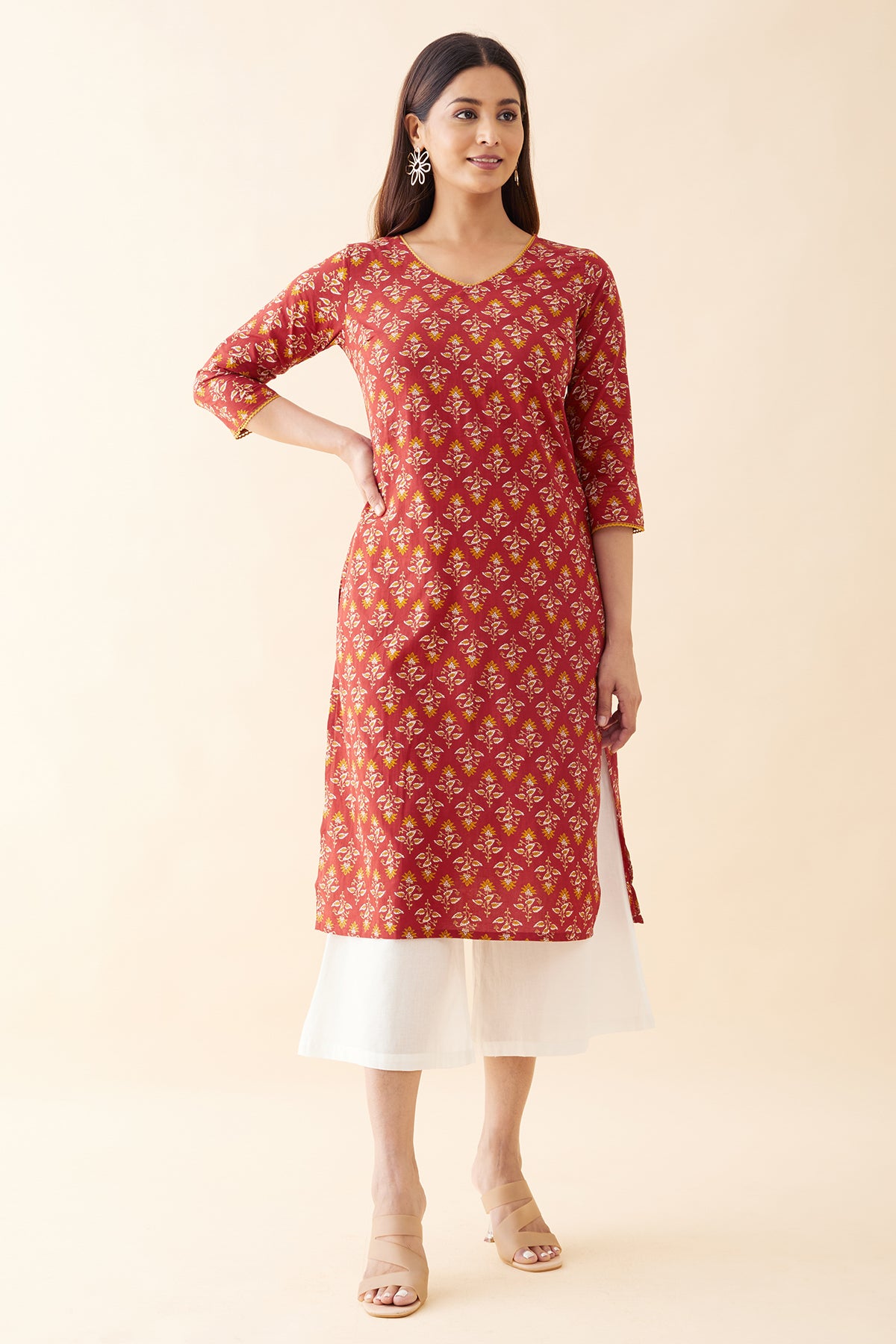 Shop Rust Embellished Floral Printed Kurta Stylish Kurtas Online Maybell Womens Fashion