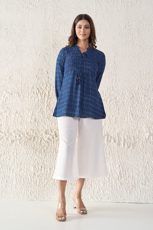 Indigo Cotton Tunic with Front Tie-up