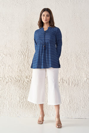 Indigo Cotton Tunic with Front Tie-up