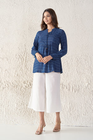 Indigo Cotton Tunic with Front Tie-up