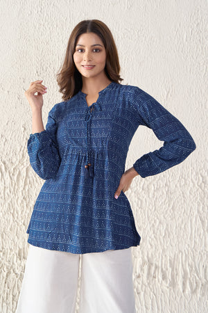 Indigo Cotton Tunic with Front Tie-up