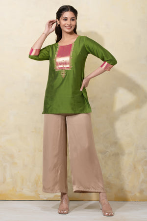 Pin Tuck Tunic with Cutwork - Green