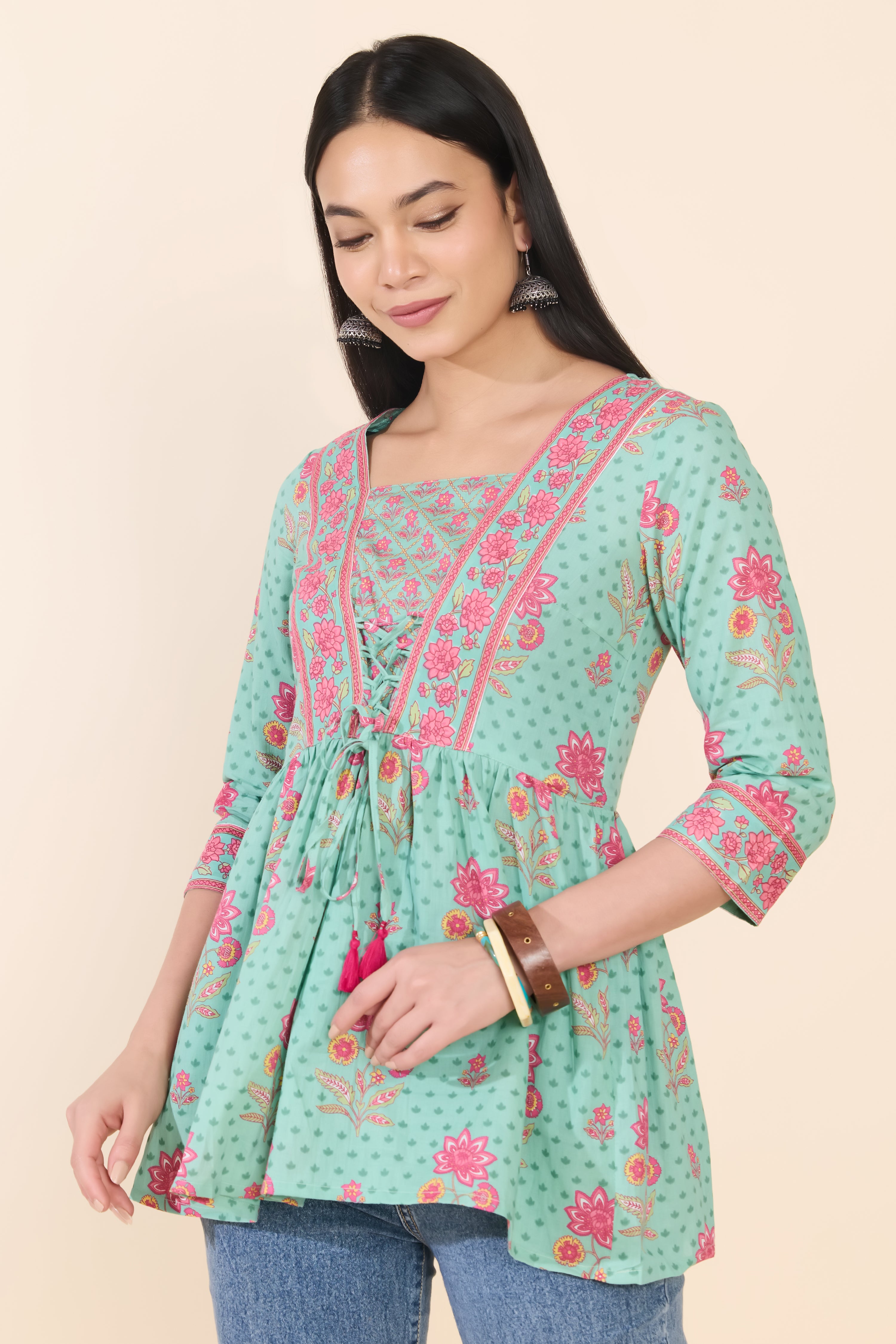 TURQUOISE PINK FLORAL COTTON TUNIC