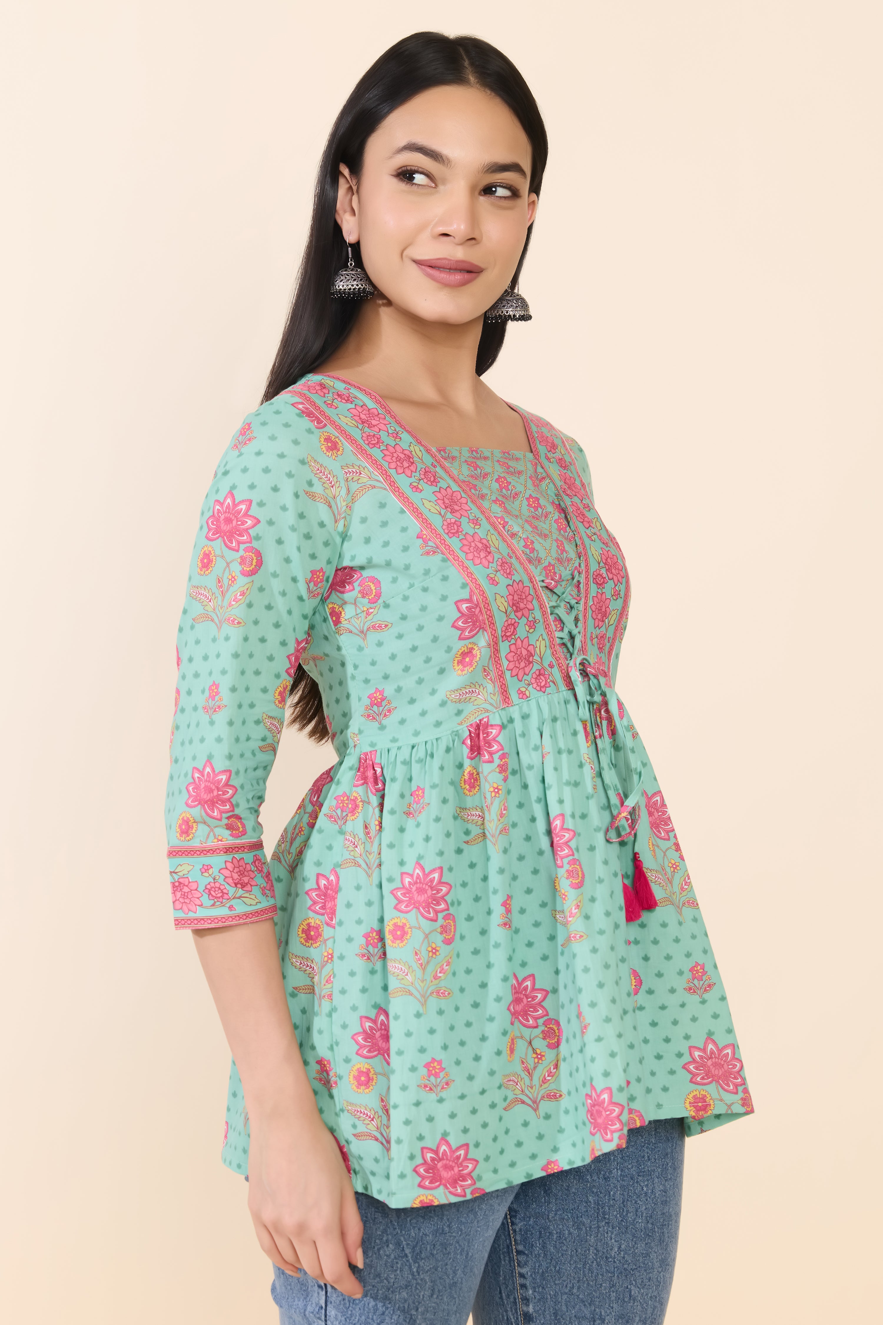 TURQUOISE PINK FLORAL COTTON TUNIC