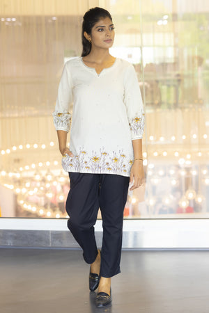 Floral Line Printed Off - White Tunic