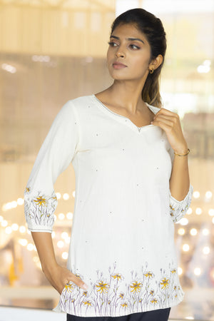 Floral Line Printed Off - White Tunic
