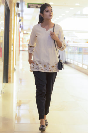 Floral Line Printed Off - White Tunic