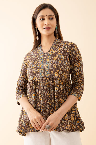 Floral Printed Tunic with Foil Mirror Embeliishments - Brown