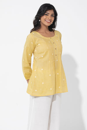 Dobby Weave With Pin Tuck Detailing Pastel Yellow Tunic