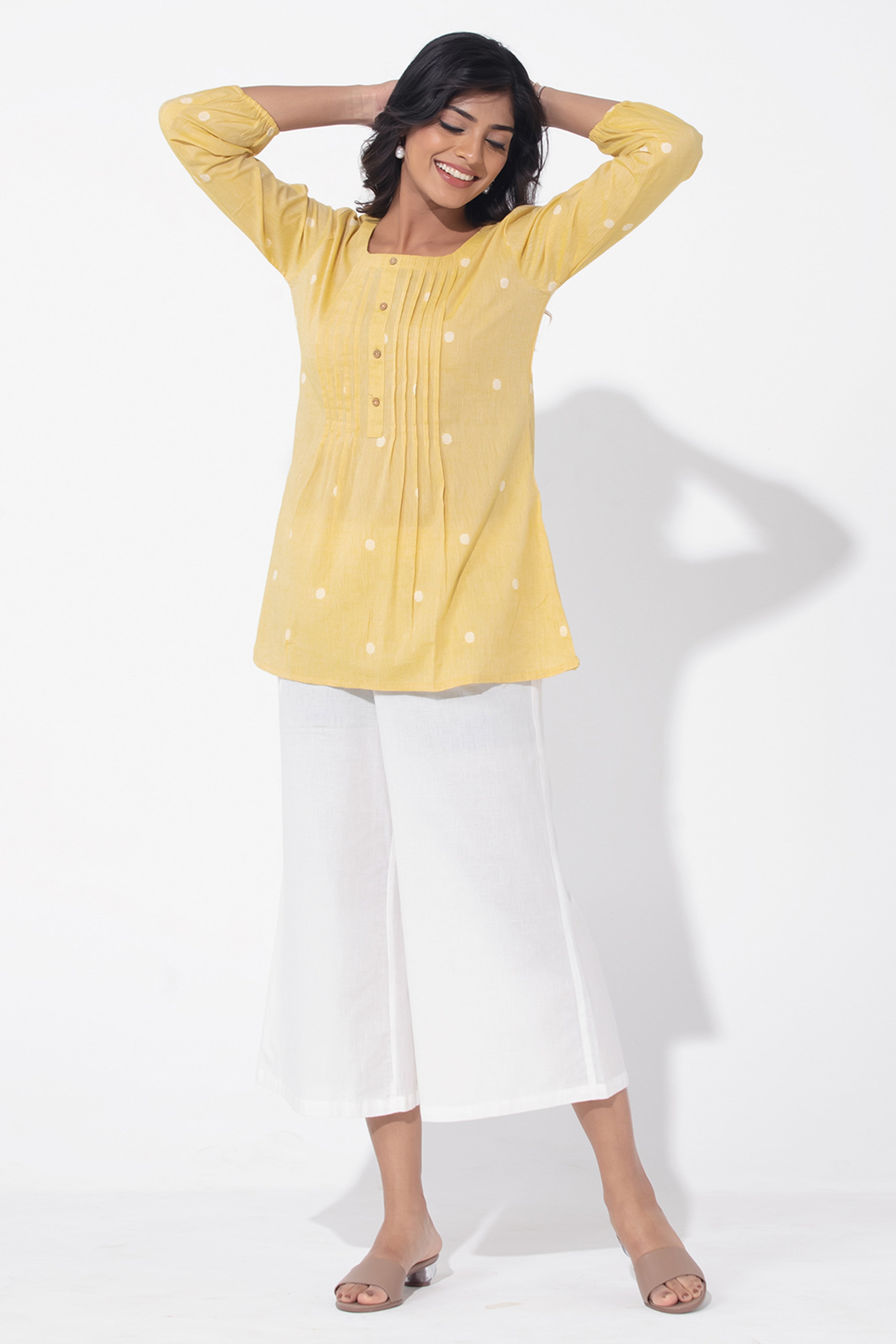 Dobby Weave With Pin Tuck Detailing Pastel Yellow Tunic