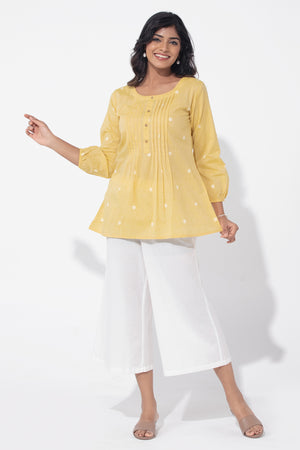Dobby Weave With Pin Tuck Detailing Pastel Yellow Tunic