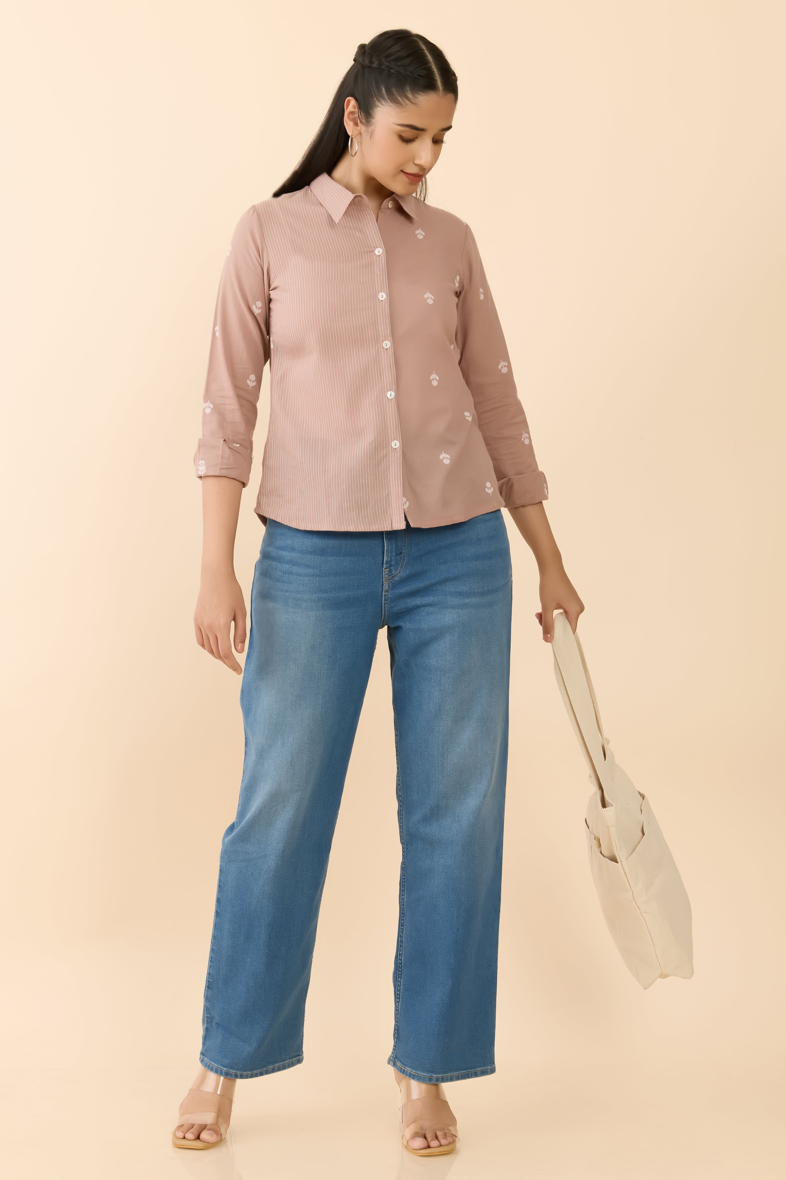 LIGHT BROWN PRINTED COTTON SHIRT TUNIC