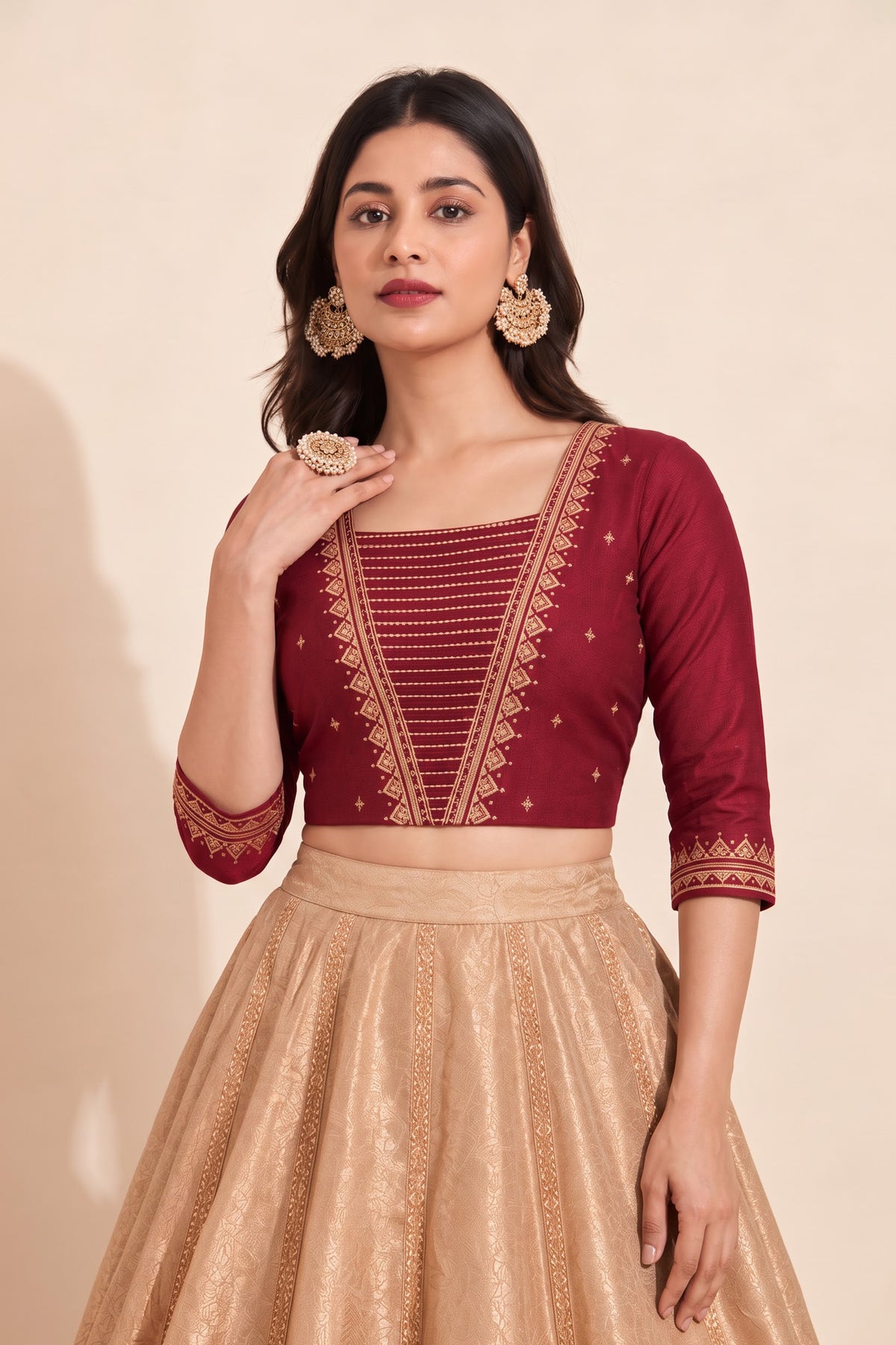 Maroon Geometric Print Raw Silk Crop Top