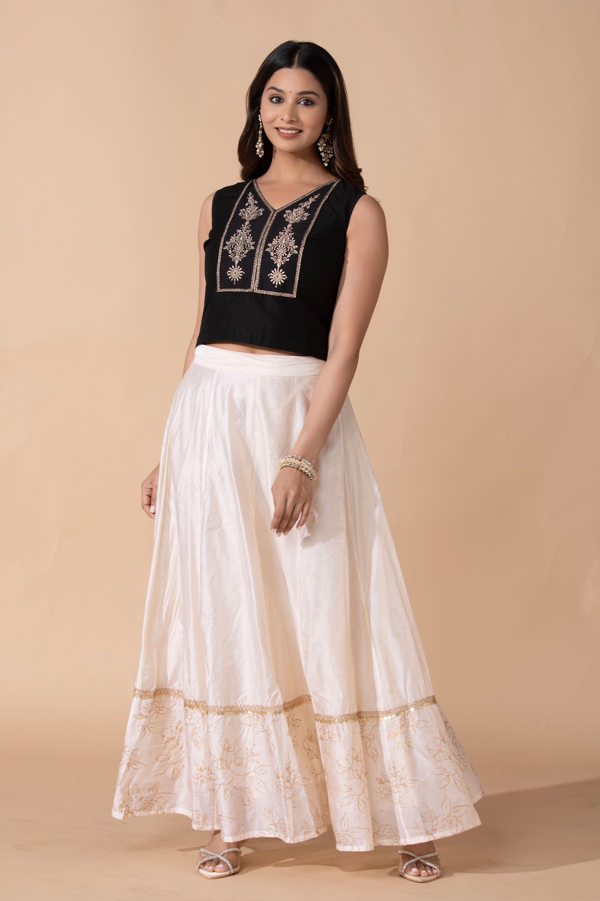 Black Floral Embroidered Silky Slub Tunic