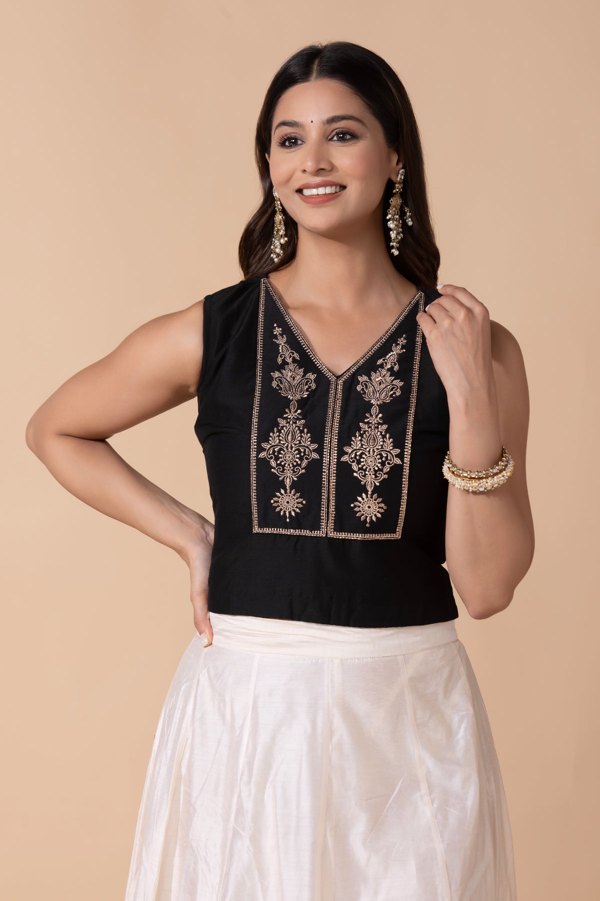 Black Floral Embroidered Silky Slub Tunic
