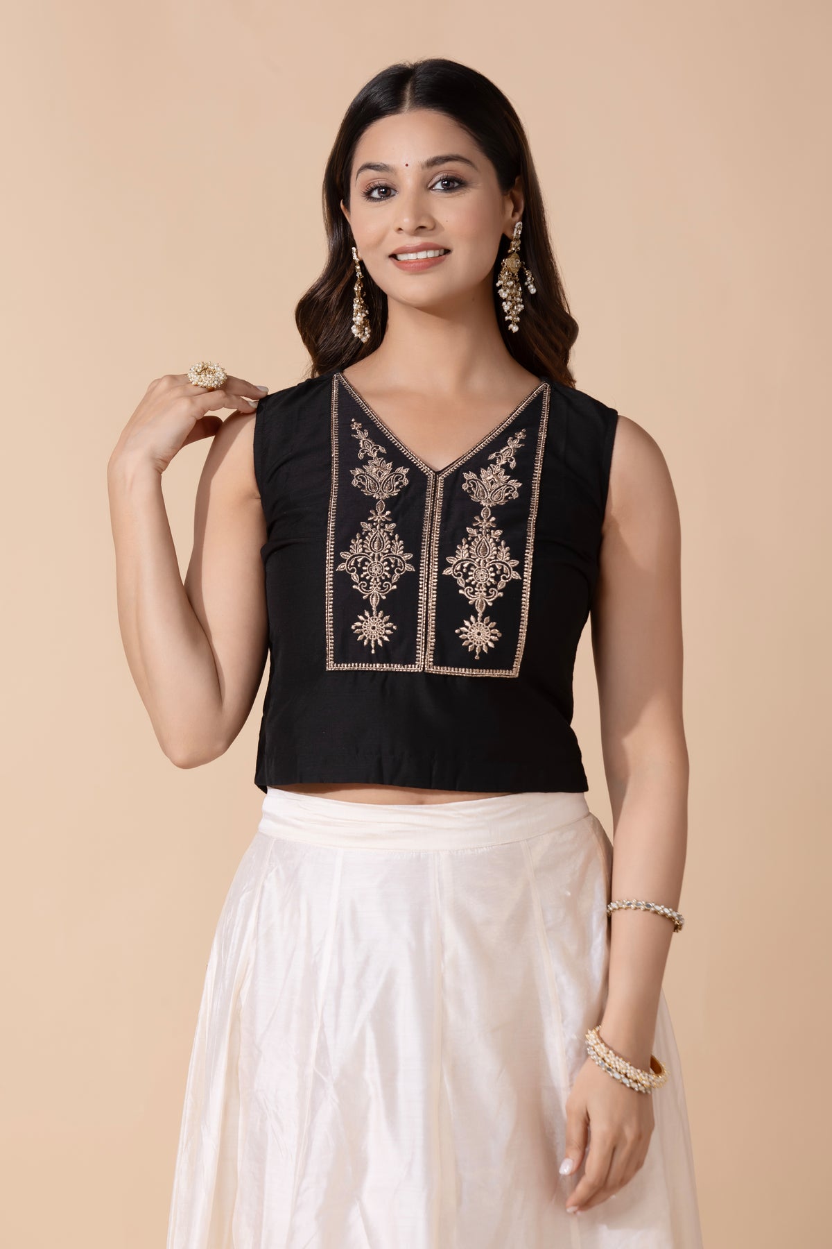 Black Floral Embroidered Silky Slub Tunic