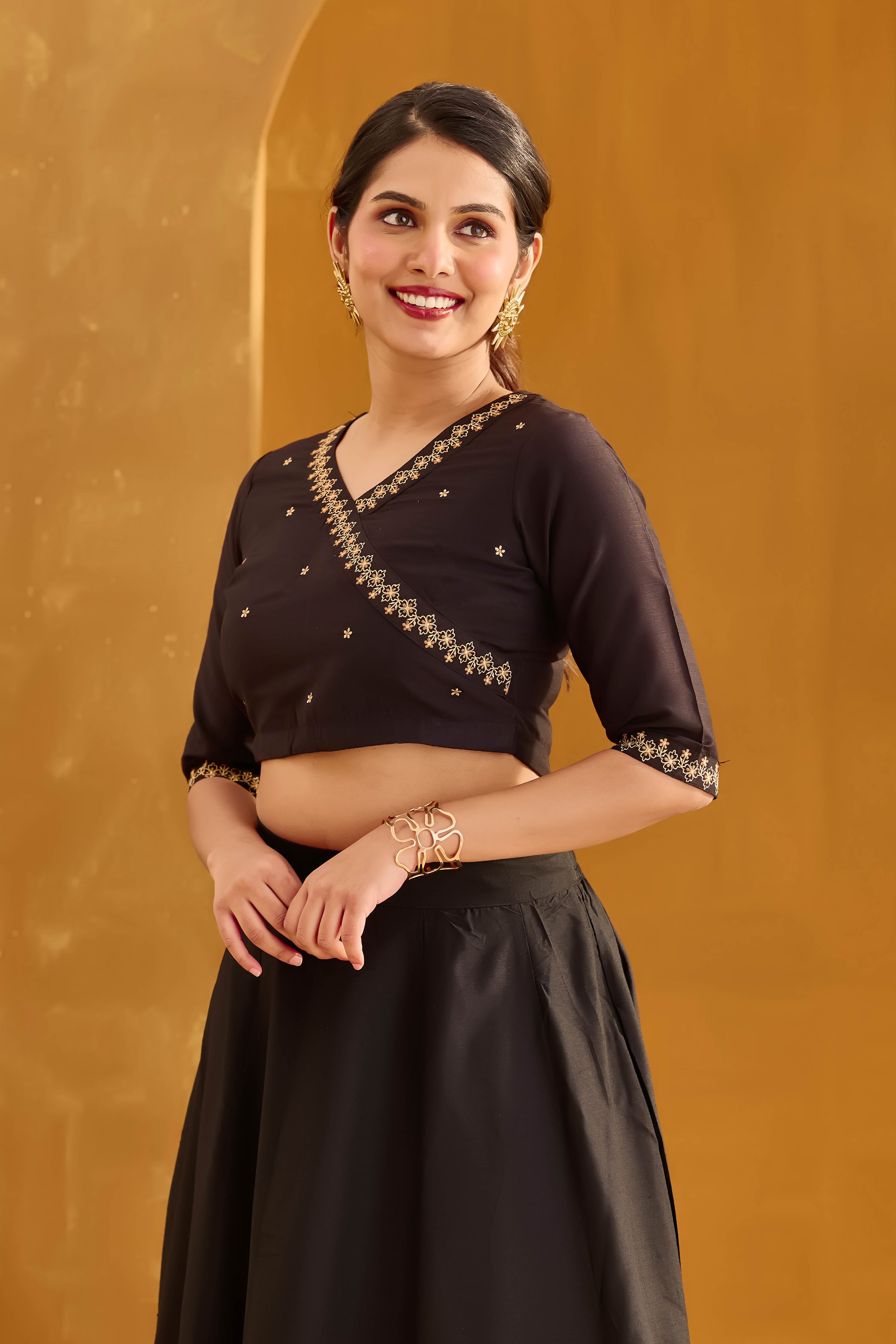 Black Crop Tunic with Golden Embroidery in Silky Slub (Top Only)