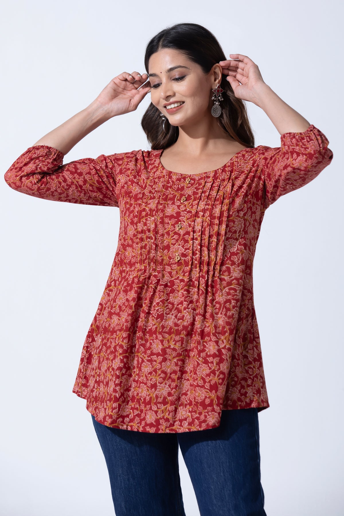 Red Kalamkari Printed Cotton Tunic