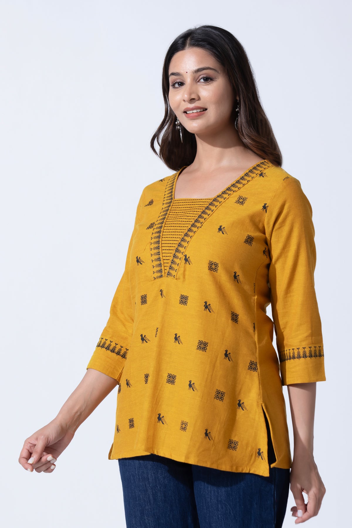 Mustard Dobby Cotton Blend Tunic