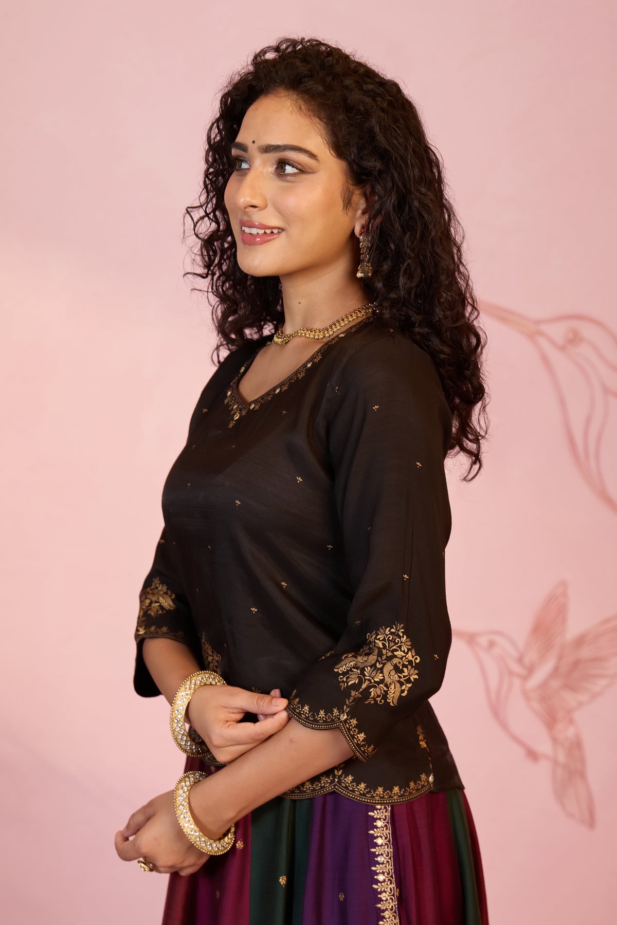 Black Floral Printed Silky Slub Tunic