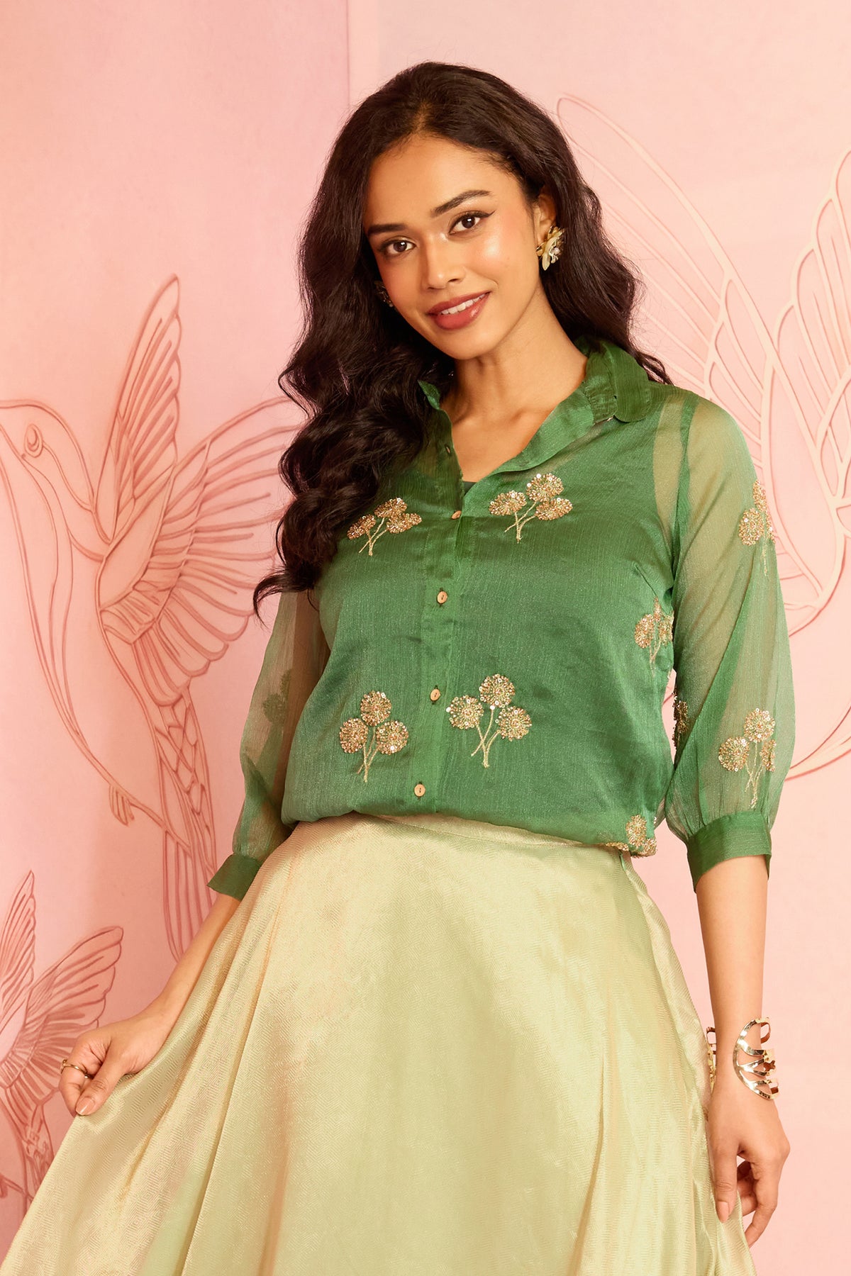Green Floral Embellished Organza Shirt Tunic