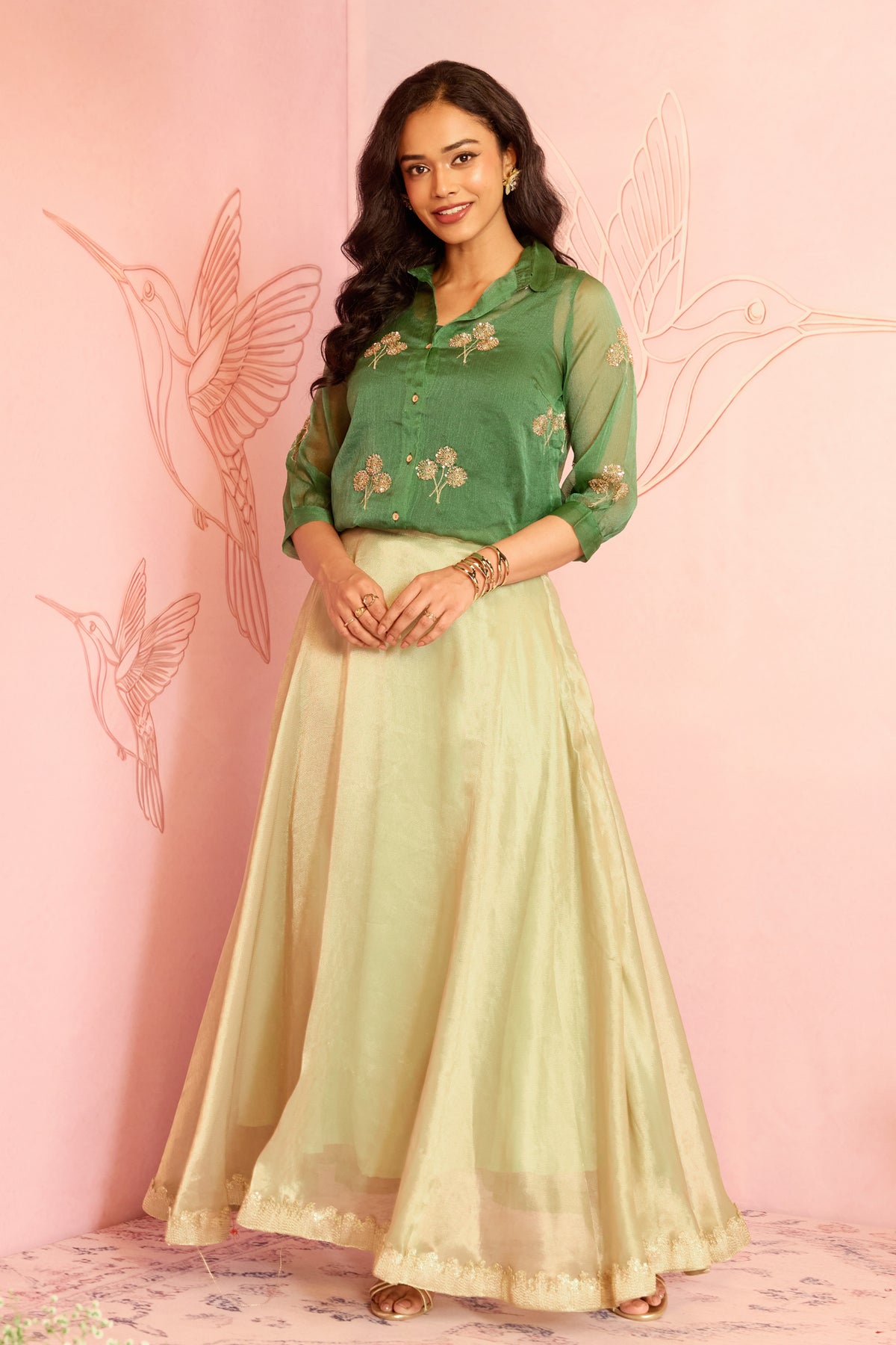 Green Floral Embellished Organza Shirt Tunic