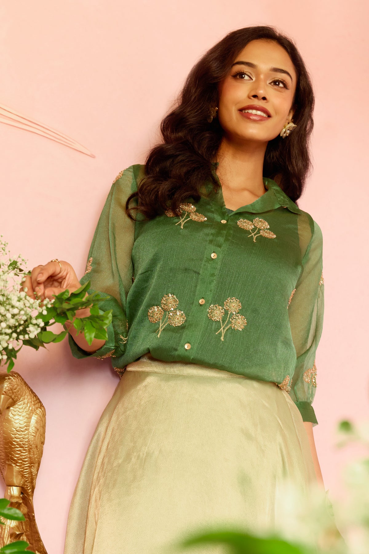 Green Floral Embellished Organza Shirt Tunic