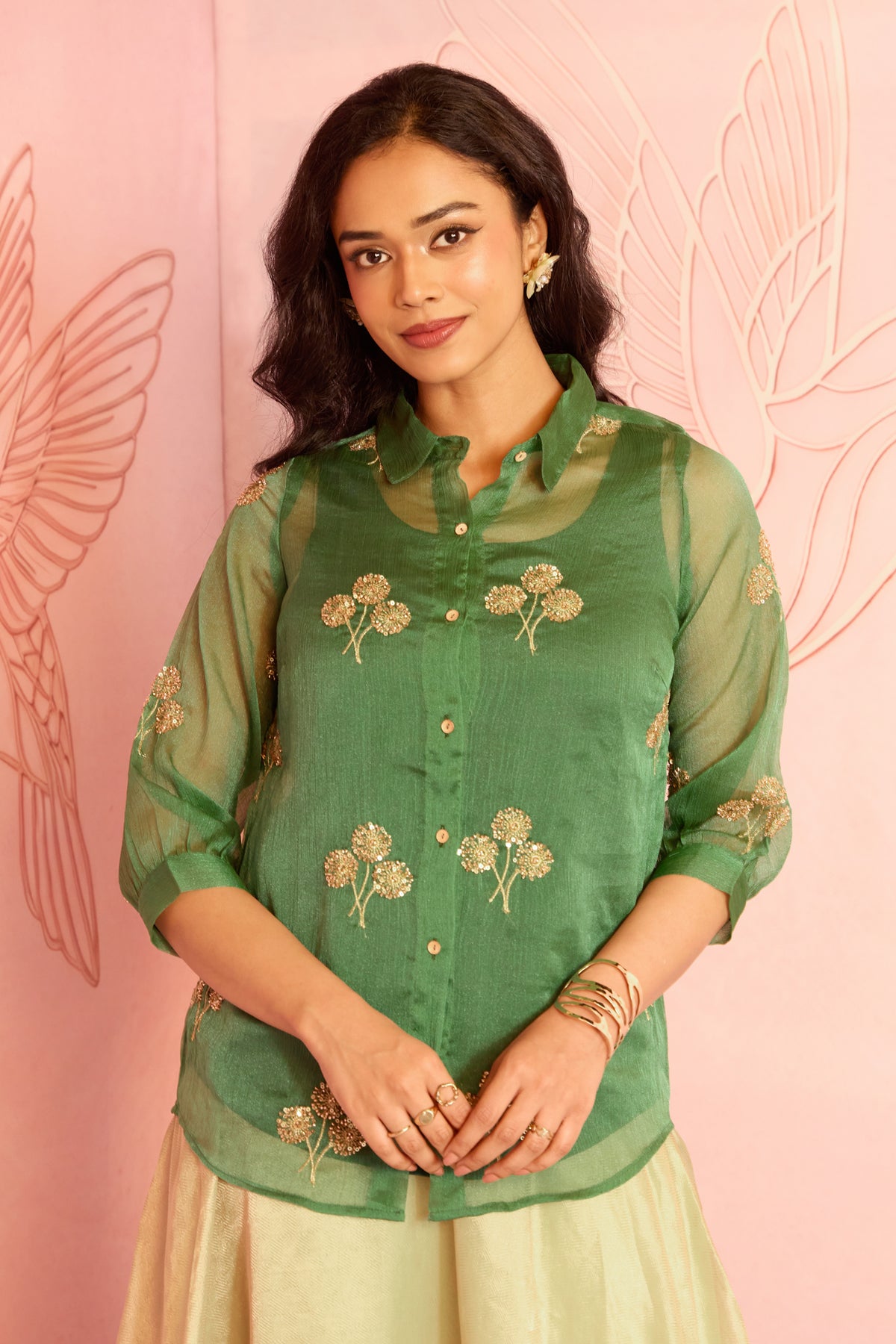 Green Floral Embellished Organza Shirt Tunic