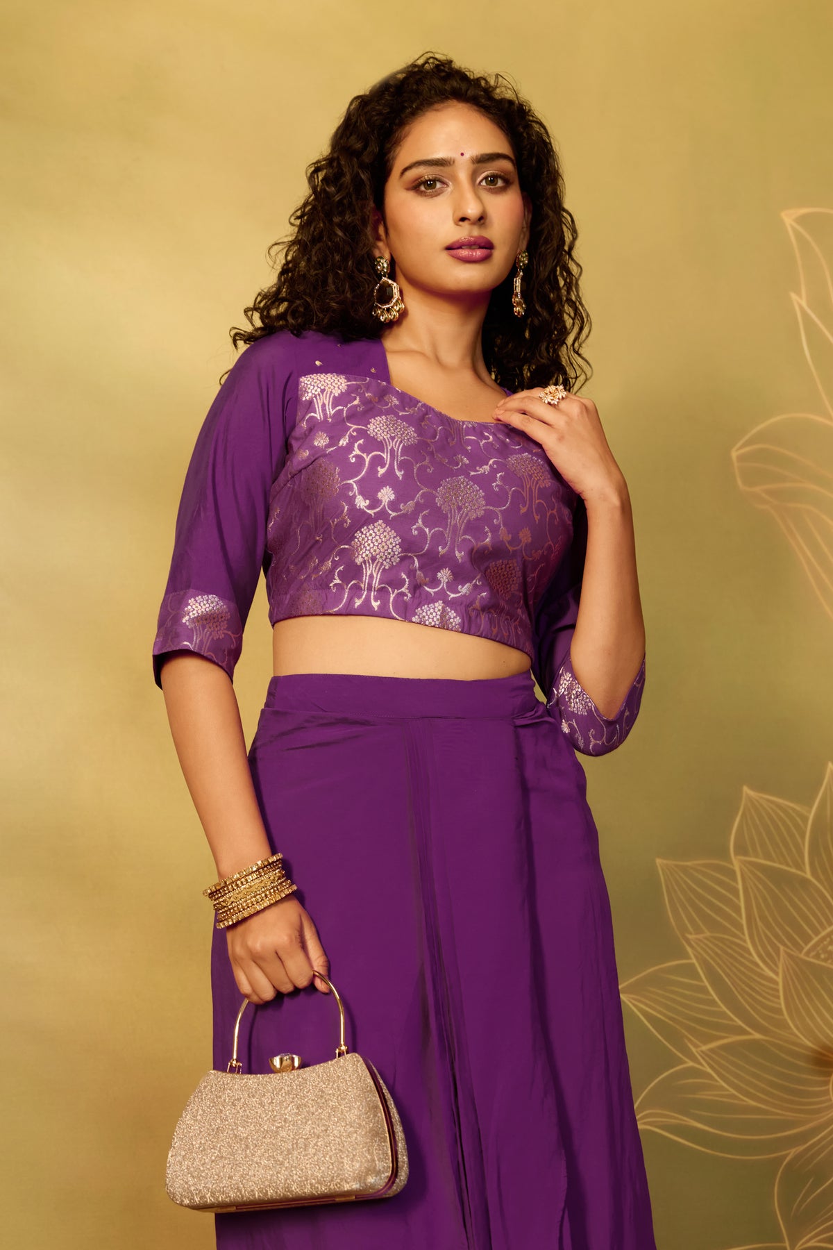 Purple Floral Brocade Crop Top