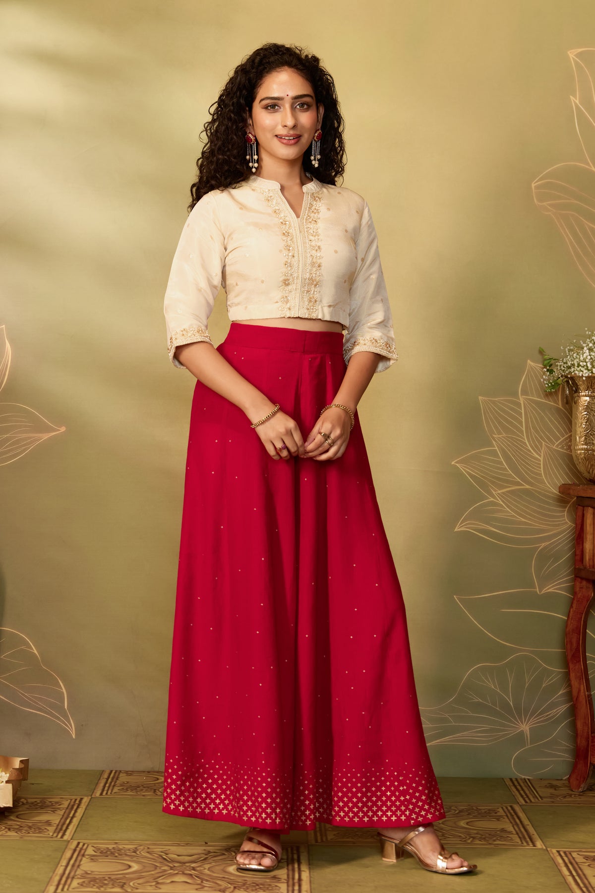 Off White Embroidered Chanderi Silk Crop Top
