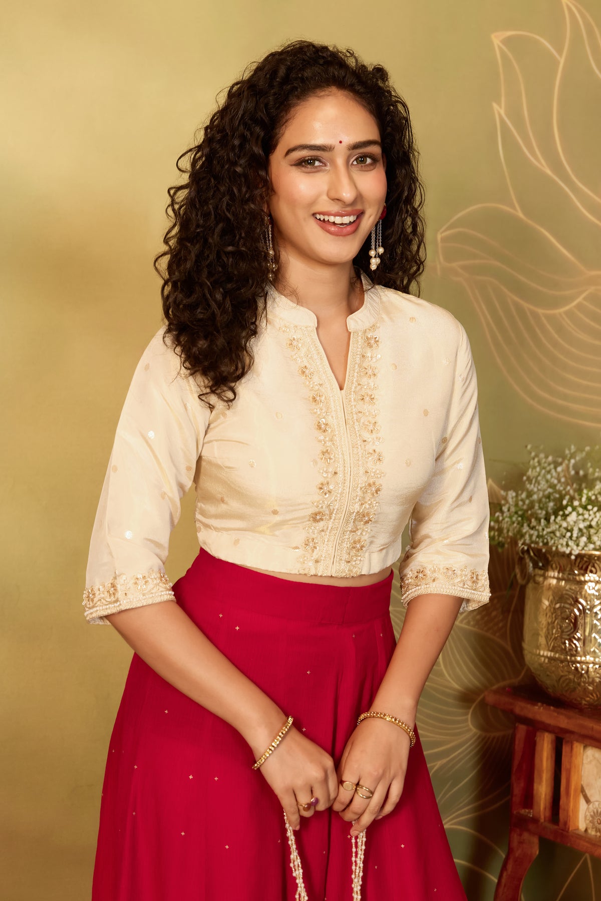 Off White Embroidered Chanderi Silk Crop Top