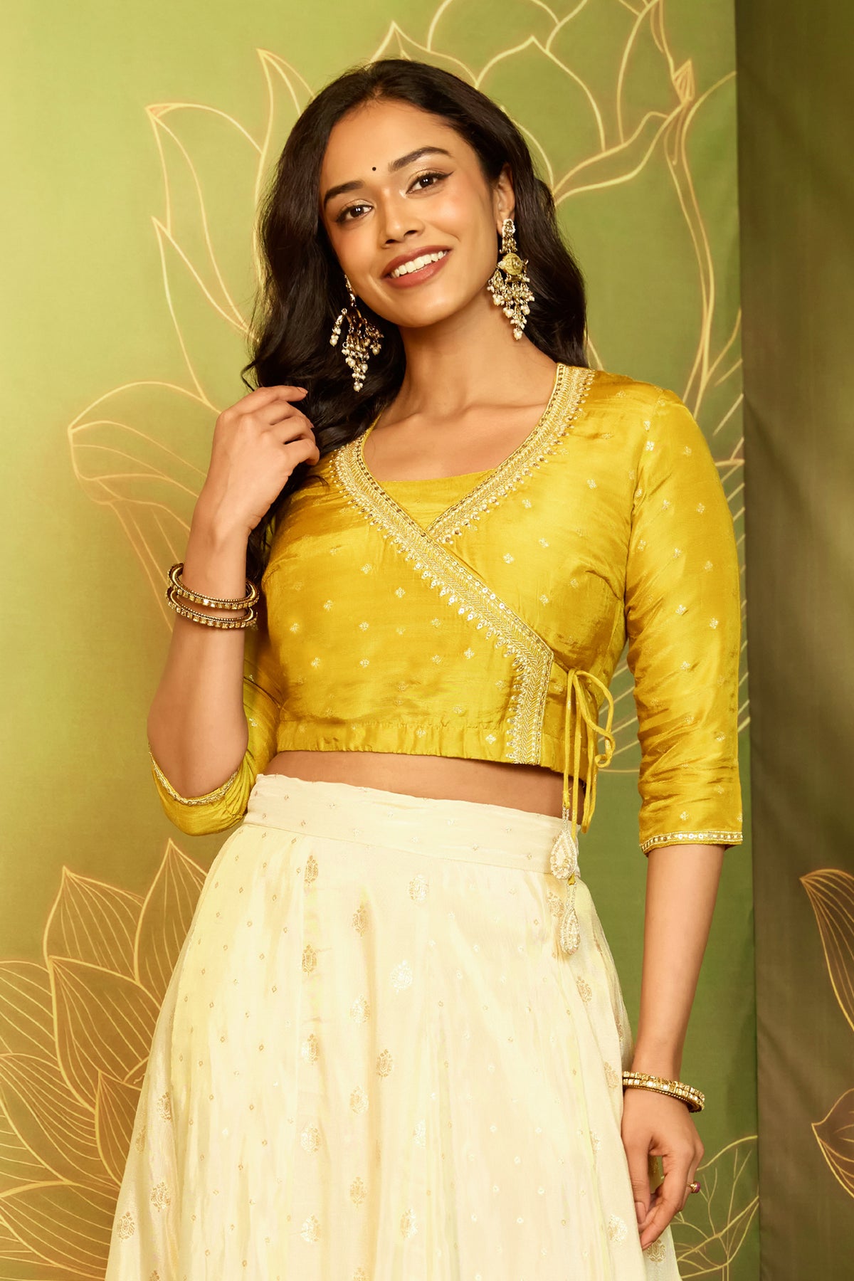Mustard Embroidered Tie- Up Brocade Crop Top