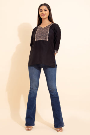 Brocade Yoke Patchwork Tunic - Black