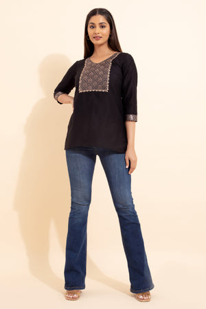 Brocade Yoke Patchwork Tunic - Black