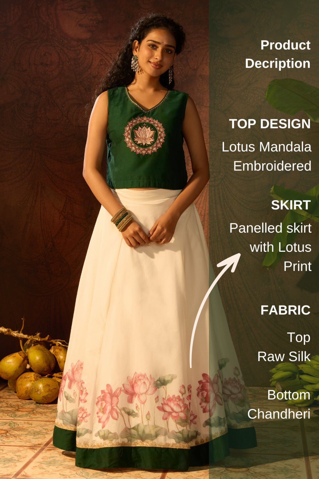 Lotus Printed Green & offWhite Skirtset with Mandala Embroidered Top