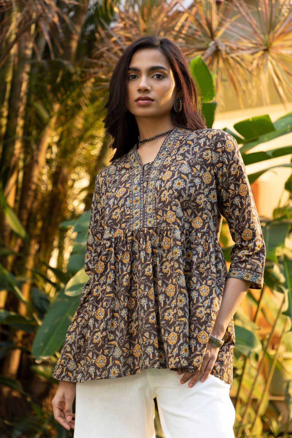 Floral Printed Tunic with Foil Mirror Embeliishments - Brown