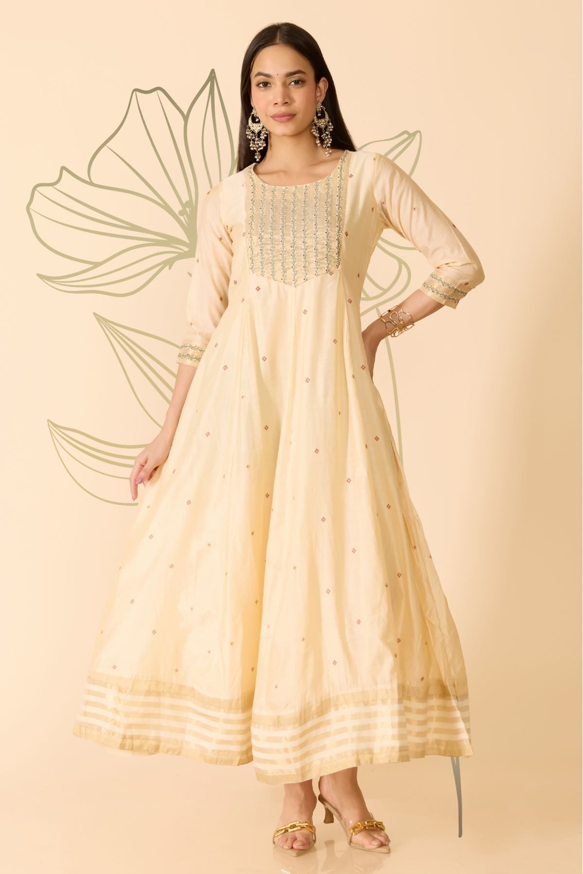 BEIGE ANARKALI WITH MOTIF PRINT